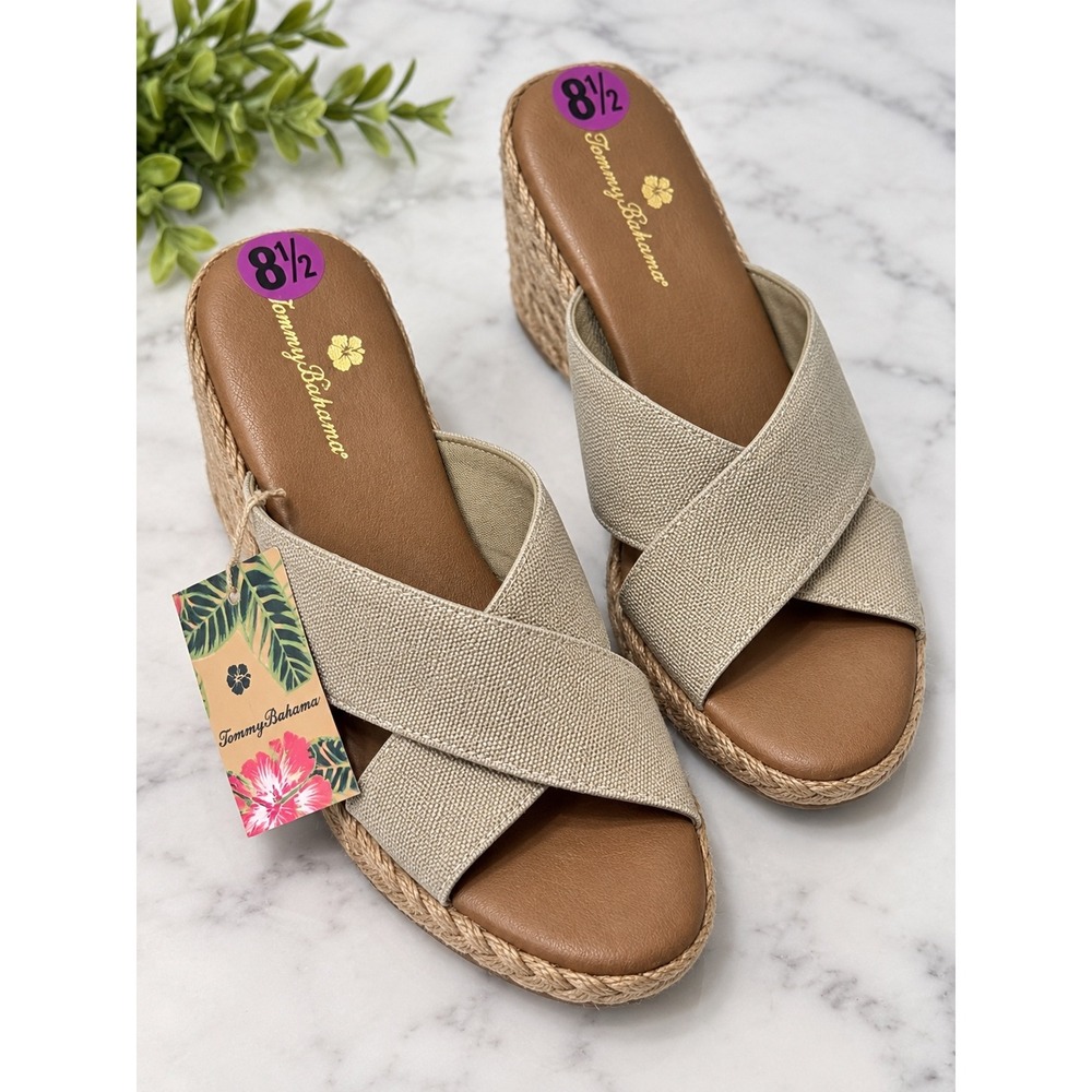Tommy Bahama Womens 8.5 Beige Crisscross Elastic Espadrille Wedge Sandals NWT